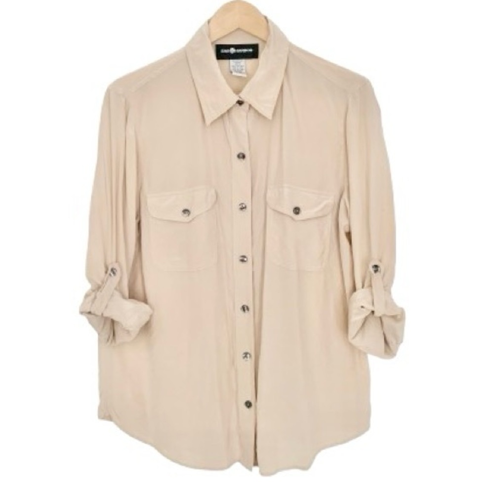Vintage Silk Nude Beige Minimalist Clean Chic Button Up Blouse Shirt Top